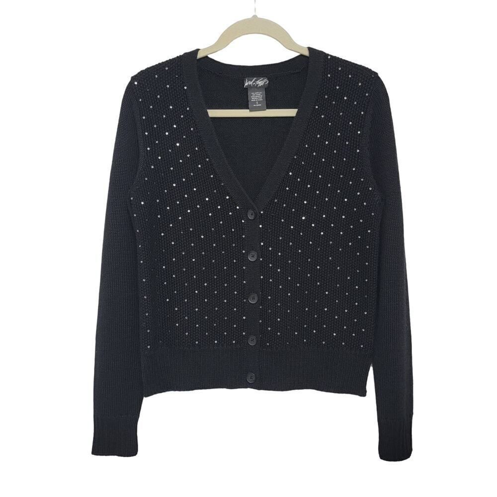 Lord and Taylor Cardigan Sweater Fancy Sequins Black Small Wool Blend 544